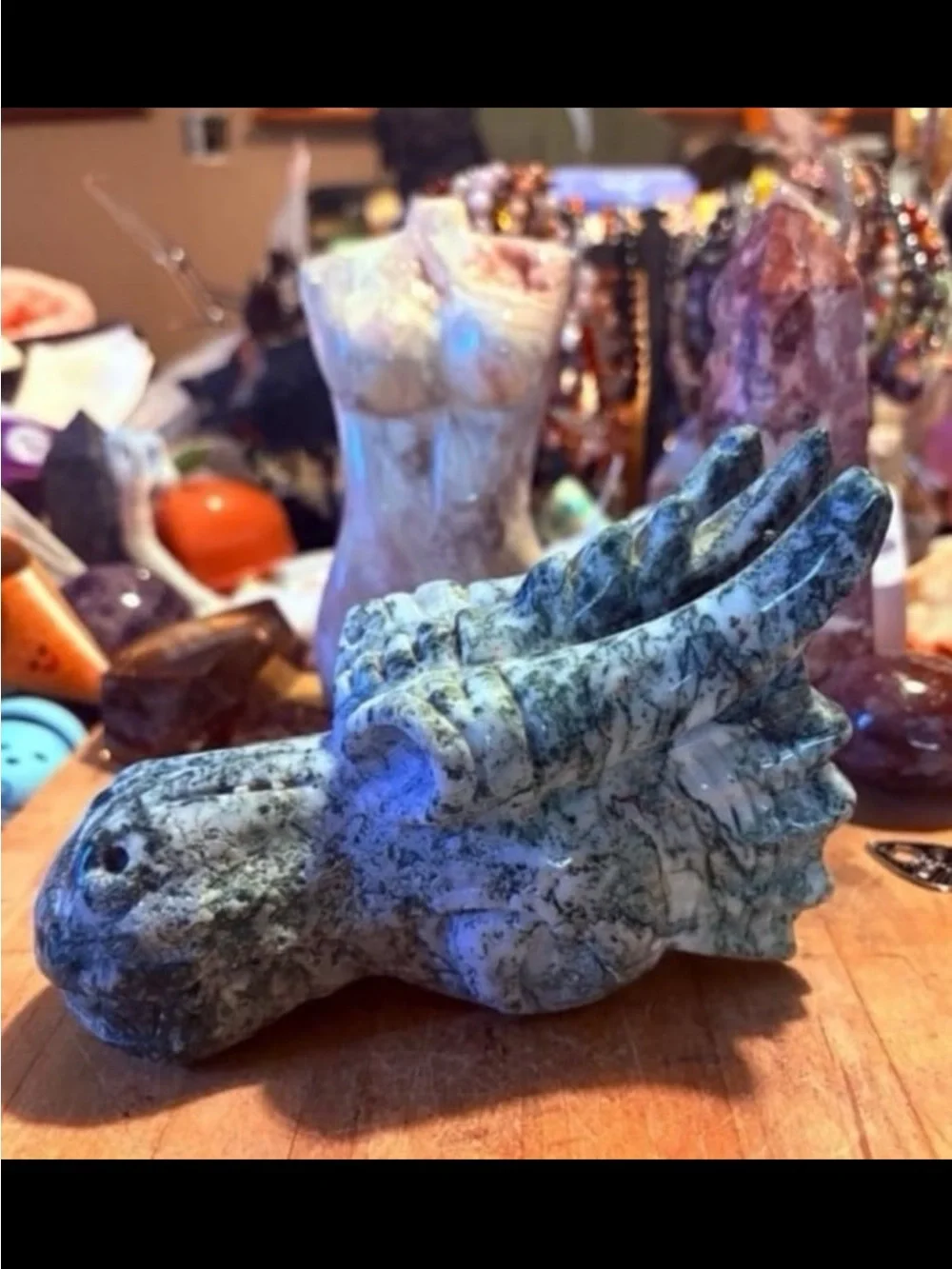 Hand-Carved Green and White Moss Agate Dragon Head